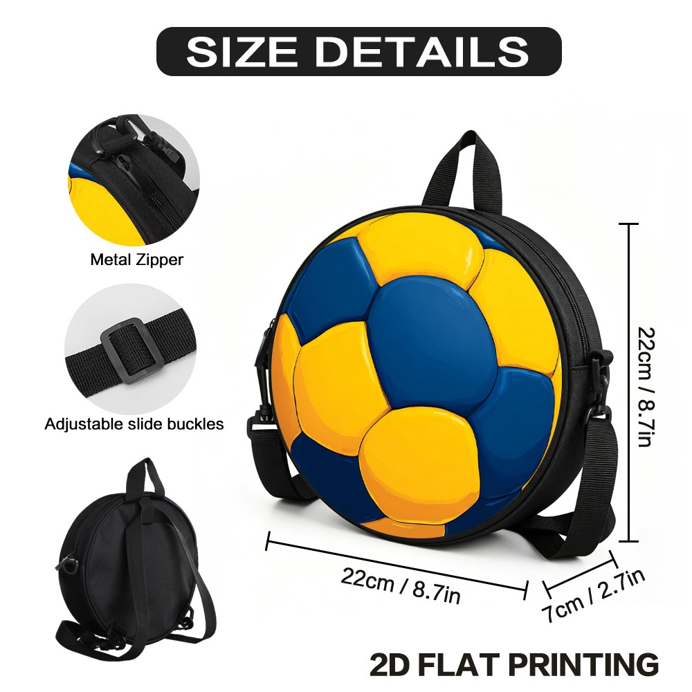 TEMU (2d Flat) 1pc Blue Yellow Soccer Ball Round Crossbody Bag, Travel Essential, Durable Handle, Sturdy Lining, Suitable For Travel , Outdoor Trips,