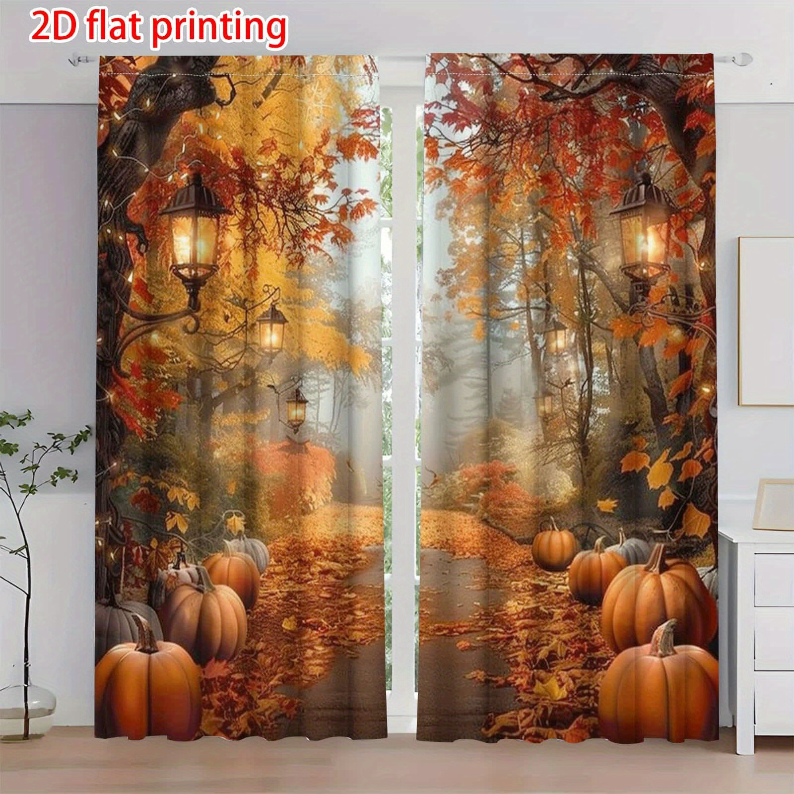 TEMU 2d Flat, 2pcs Curtains - Vintage Pumpkin, Maple Leaf, And Lantern Pattern Semi- Filtering , Suitable For Living Room, Bedroom, Office - Machine