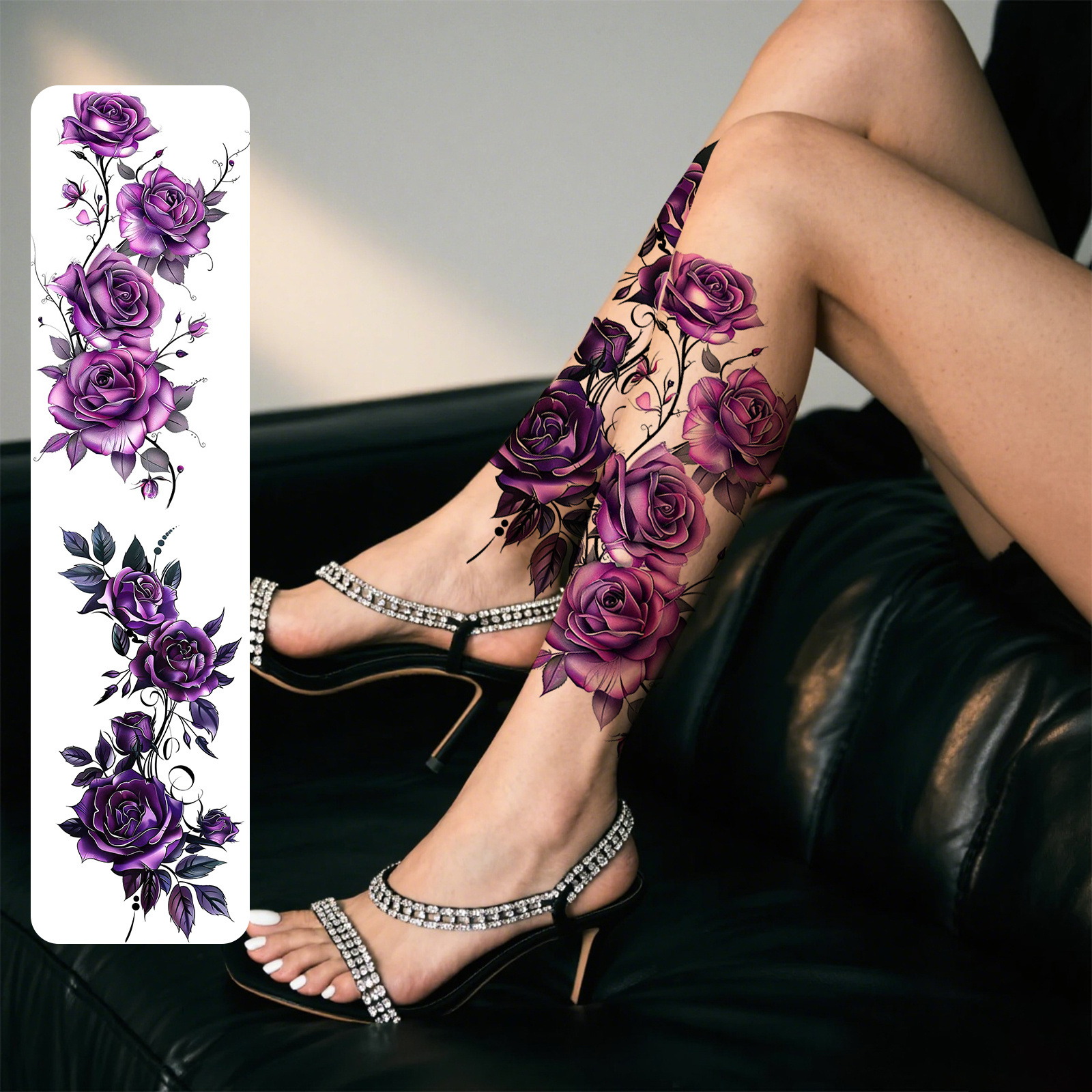 Image of 2pcs Purple Flower Temporary Tattoo Stickers For Women, Waterproof And Long-lasting Fake Tattoo For Arm, Leg And Chest