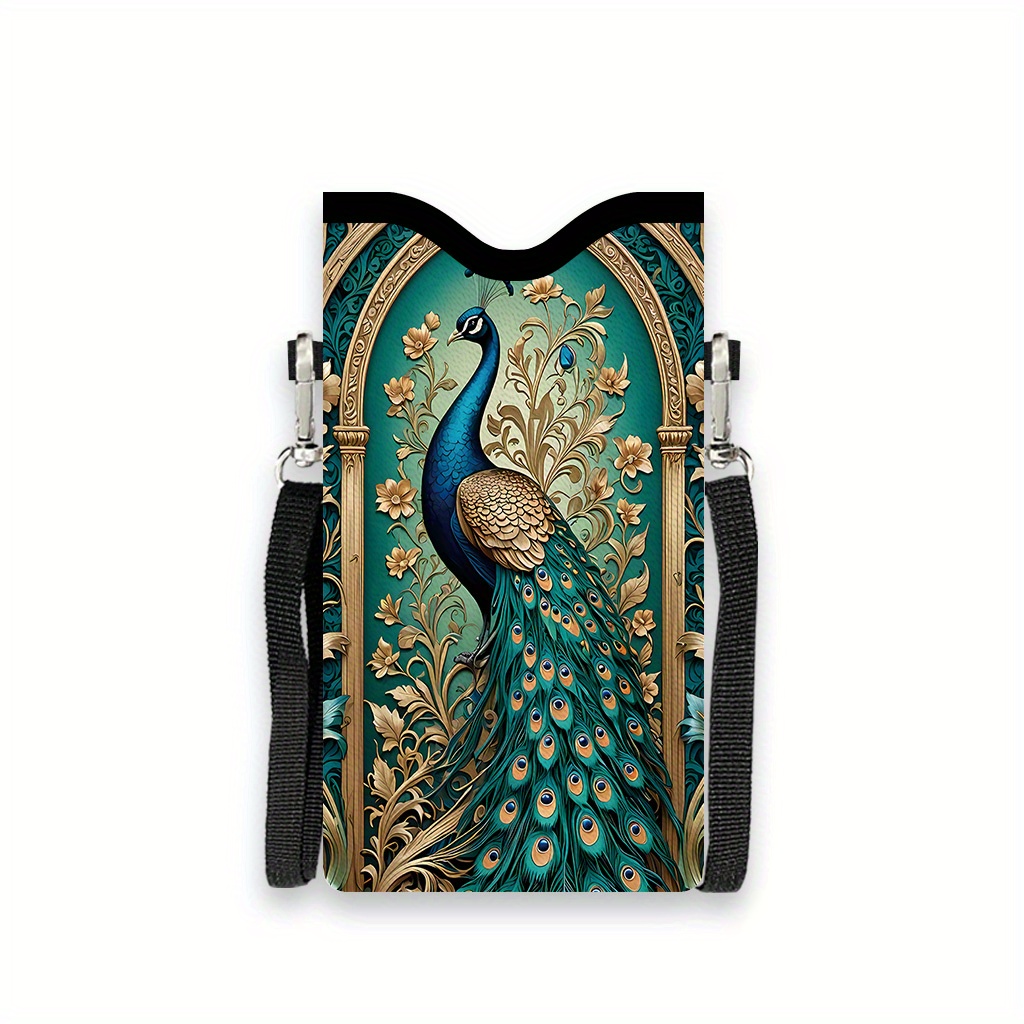 Image of 1pc Peacock, Flower, And Pattern 2d Flat Double-sided Print Fashion Women's Wallet Phone Pouch, Crossbody Bag With Adjustable Shoulder Strap, Suitable For Daily , Unisex, Mother's Day Gift, 2d Flat