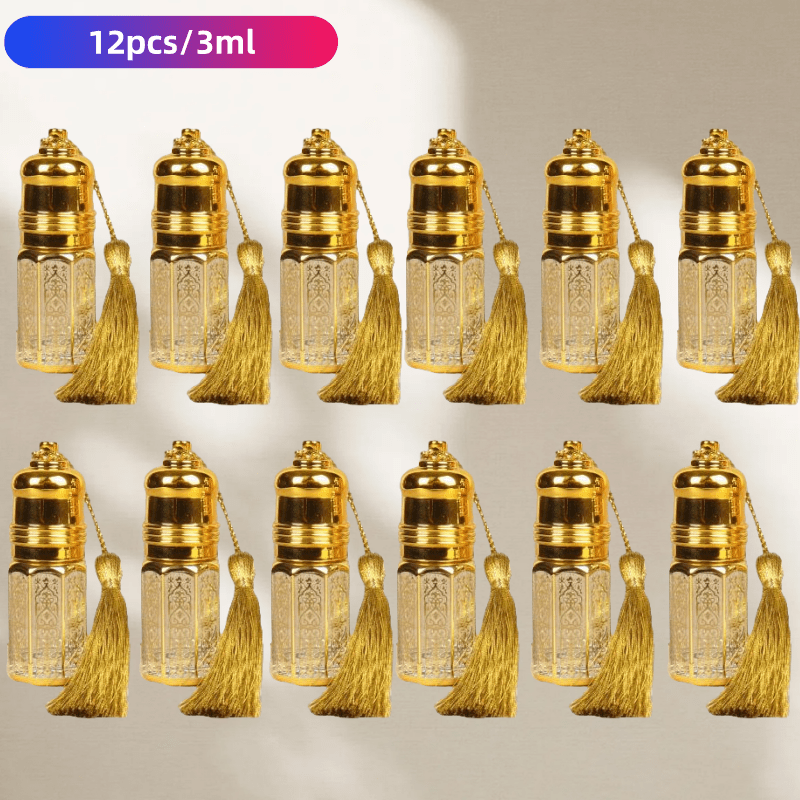 Image of 12pcs 3ml Mini Golden Glass Roller Bottles For Essential Oils, Travel Perfume Containers With Rope Option – Hand Wash Only, Alcohol-free