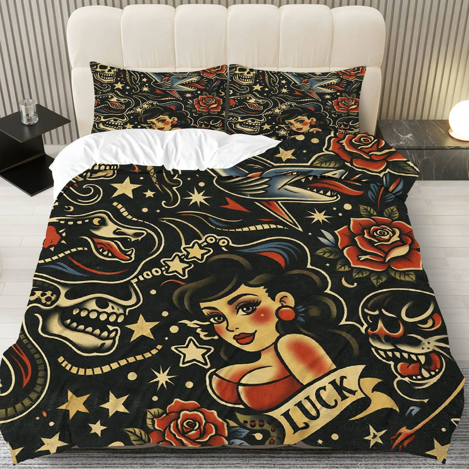 TEMU 3 pièces Housse de Couette, 1 Couette + 2 Taies d'Oreiller ( Garnissage), Thème Vintage Tattoo Crâne Rose Étoile Cœur, Ensemble de Literie