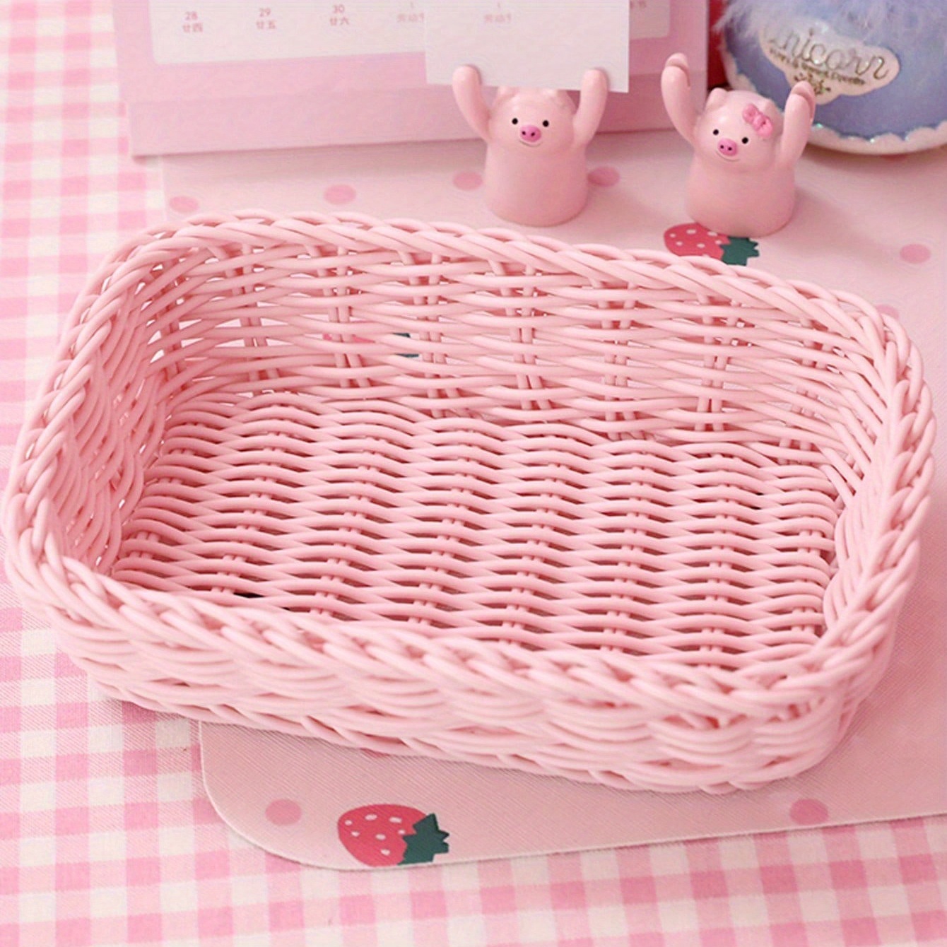 Image of 1 Modern Plastic Woven Basket With Pink And - Multipurpose Storage Organizer For Kitchen, Bathroom, Bedroom, Living Room - Ideal Gift For , Bathroom Organization And Storage, Shelf Baskets