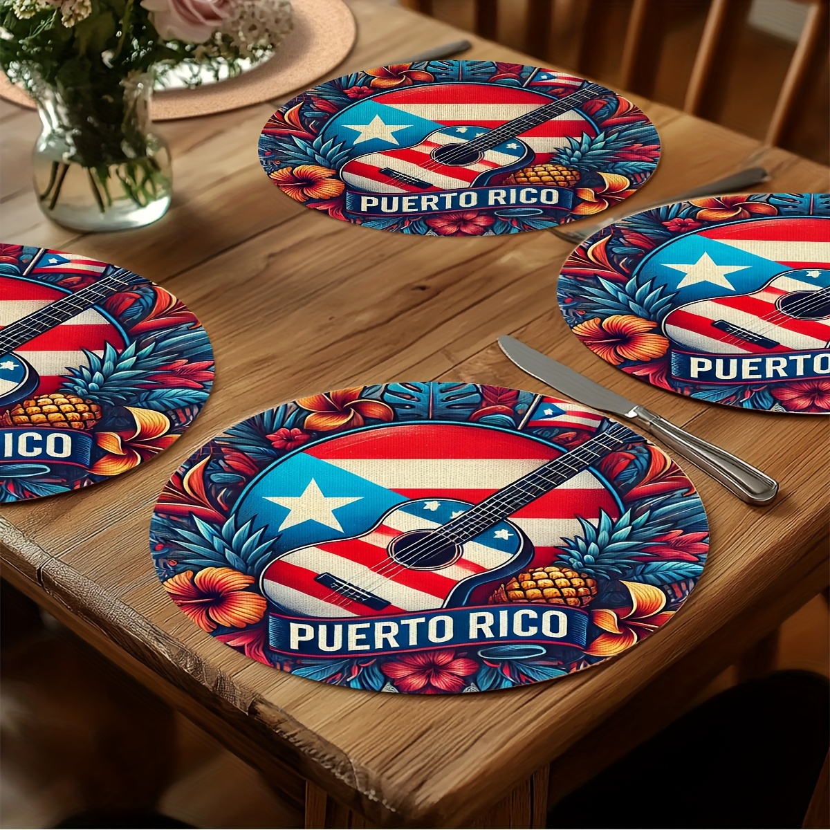 TEMU 4pcs Puerto Themed Round Table Mats- Vibrant U.s. Flag& With Guitar& Pineapple, 15x15 Inches, Ideal For Dinner Parties& Home Decor, Home | Patriotic Theme| Durable Tableware, Puerto Rican Decor