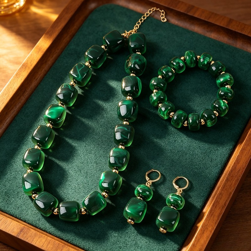 TEMU 3pcs Square Bead Jewelry Set For Women, Necklace Bracelet Earrings Set, Boho Chunky Beaded Fashion Costume Jewelry, Accessories Daily Wear And