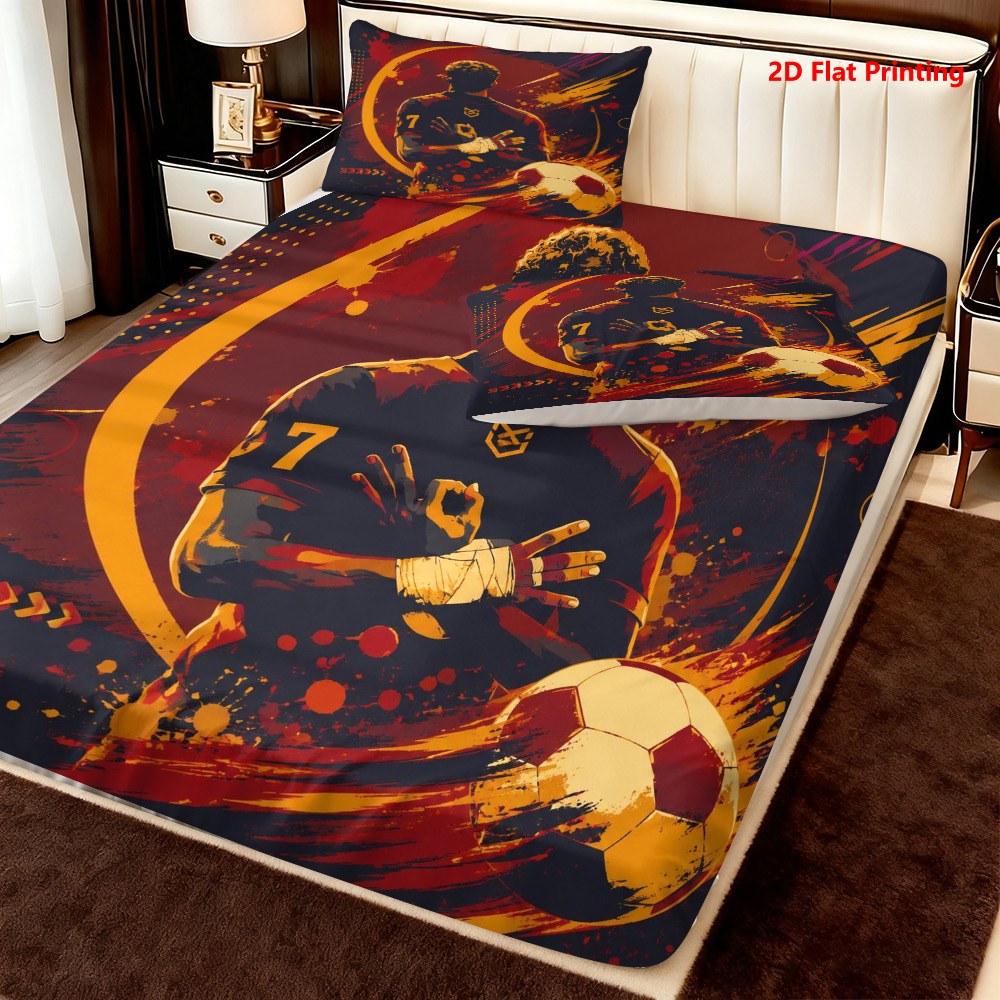 3pcs soccer player silhouette fitted sheet 3pcs set 1 fitted sheet 2 pillowcases   sports theme artistic bedding mattress protector soft breathable 2d flat print only 2d flat
