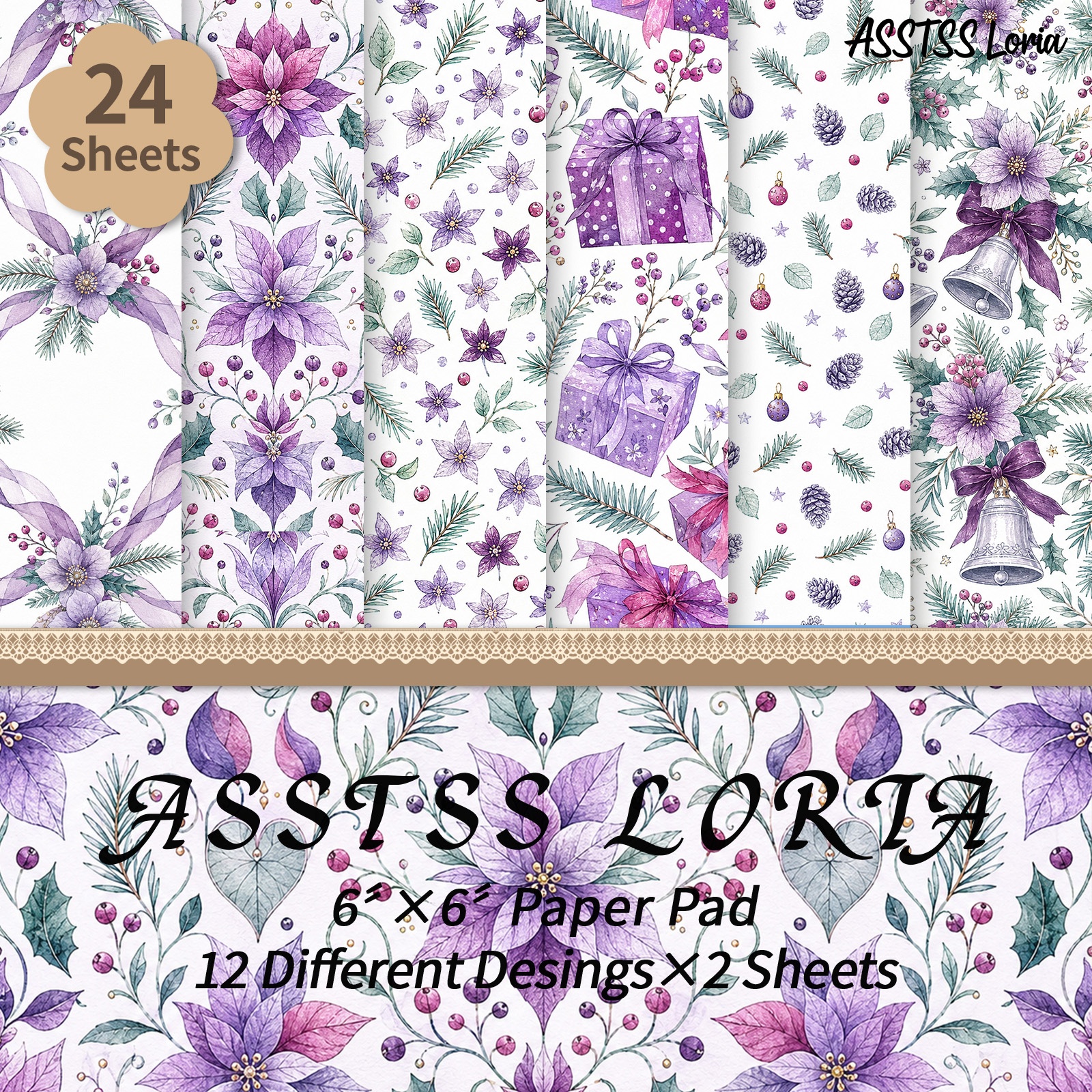 TEMU 24-sheet Asstss Loria 6x6 Inch Scrapbooking Paper Pad, Winter Fog Purple Christmas Backing Paper Supplies, Heavyweight Cardstock For Journaling,