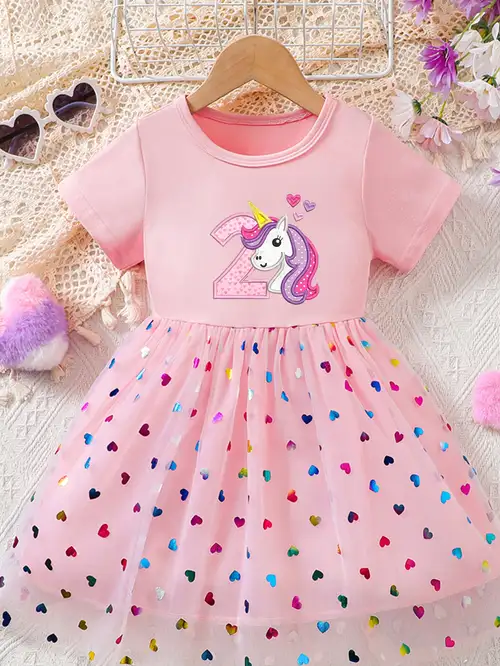 Girls' 2nd Birthday Unicorn Dress with Sparkly Sequin Heart Details - Summer Short Sleeve Party Outfit for 2 Year Old Girls, Casual Birthday & Casual Attire (No Bulk Under Dress) Girls' 2nd Birthday Unicorn Dress with Sparkly Sequin Heart Details - Summer Short Sleeve Party Outfit for 2 Year Old Girls, Casual Birthday & Casual Attire (No Bulk Under Dress)