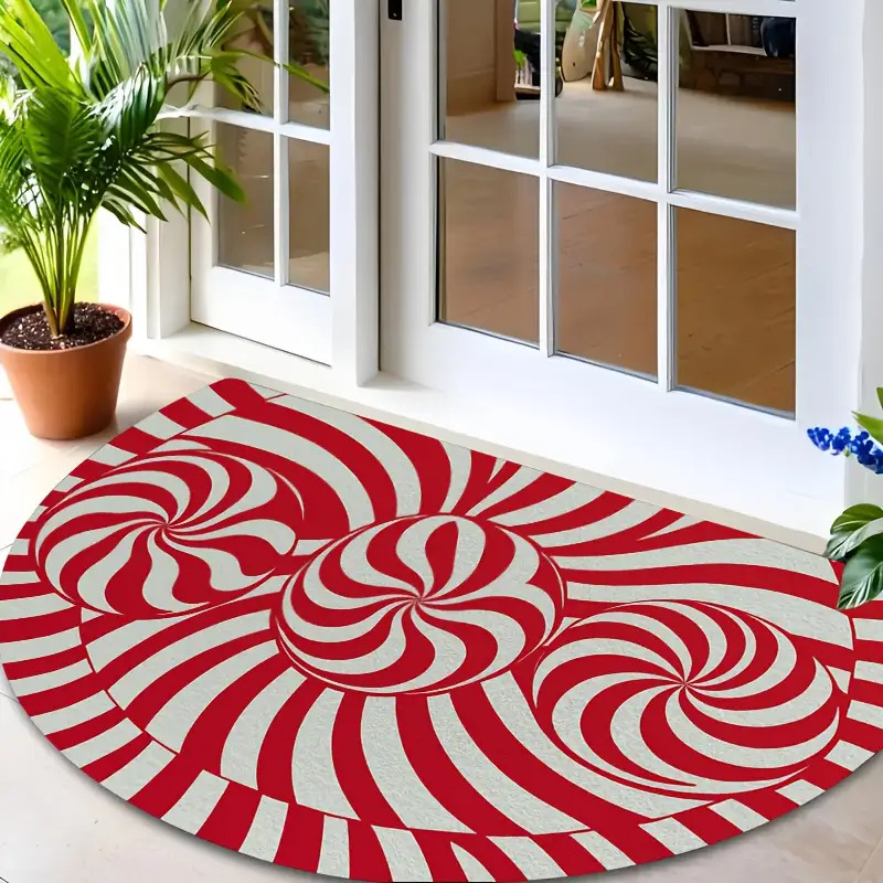 TEMU 1pc Candy Cane Swirl Semi-circular Doormat - Non-slip Indoor Welcome Mat With , Durable Polyester Entry Mat For Christmas, Valentine's, New