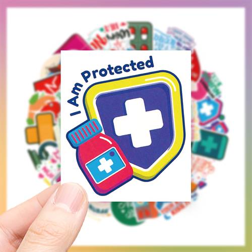 48pcs healthcare professional stickers with vibrant colors symbols and positive phrases in a modern and uplifting graphic vinyl suitable for decorating laptops cell phones guitars water bottles cars
