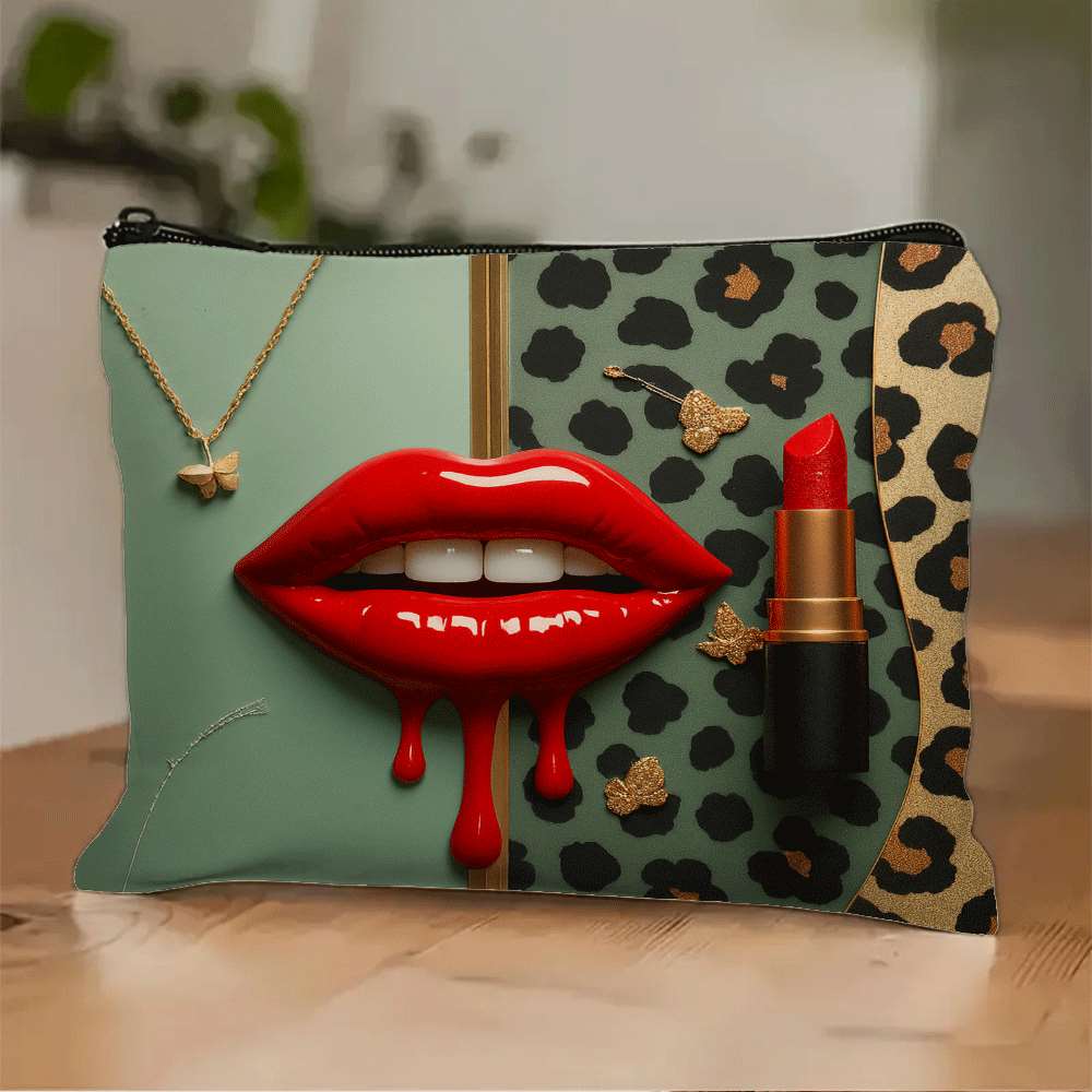TEMU 1pc Red Lips And Leopard Print Washbag, Makeup Bag, Cosmetic Bag With Durable Faderesistant Zipper, Lightweight And Foldable Storage Bag,