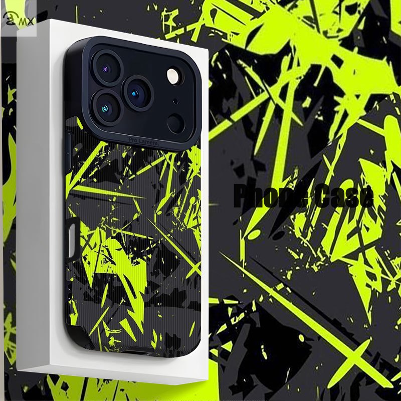 TEMU Phone Case - Fluorescent Green And Black Abstract Geometric Suitable For Iphone 17, 17air, 17pro, 17promax, 16, 16plus, 16pro, 16promax, 15,