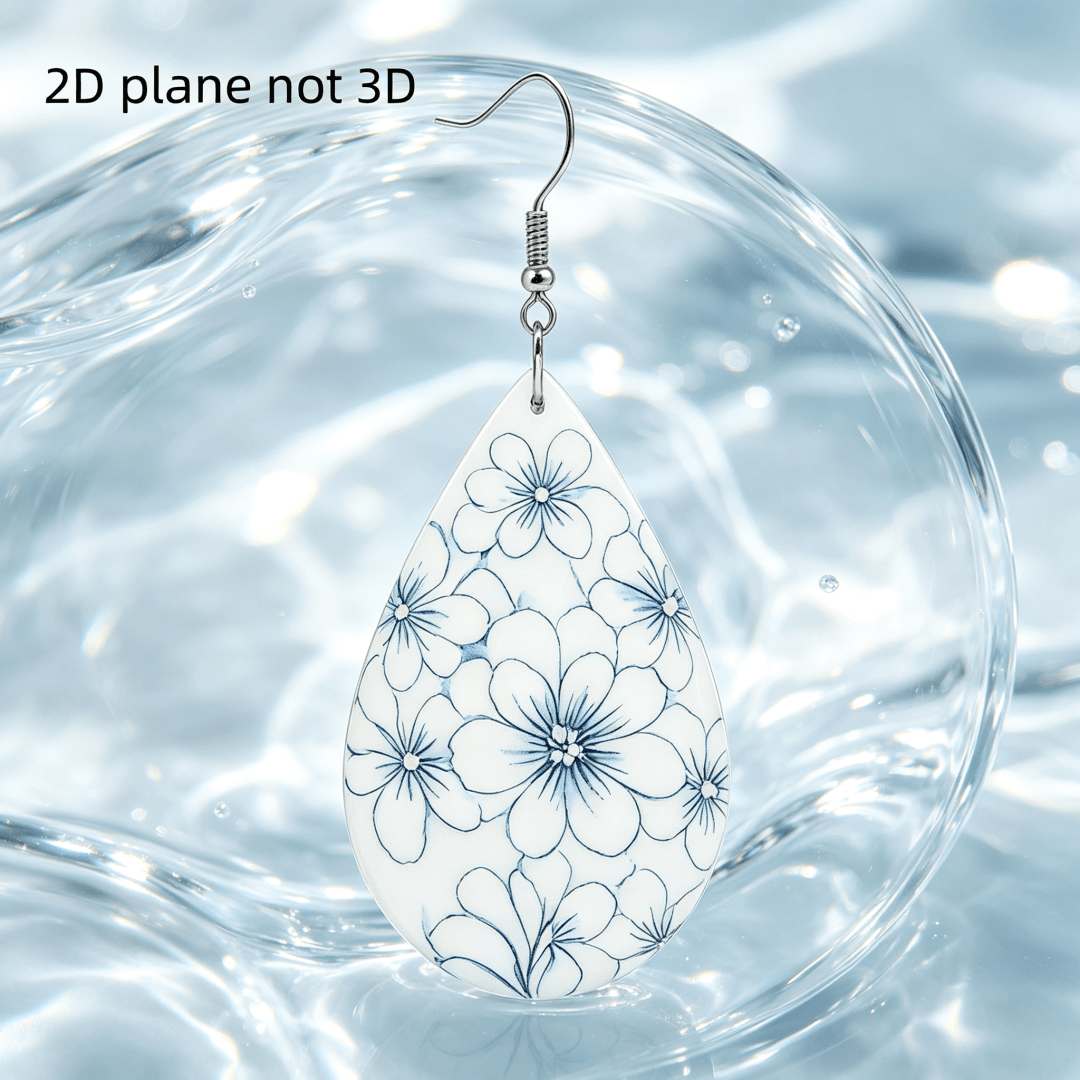 Blue White Floral Teardrop Dangle Earrings, Vintage Style