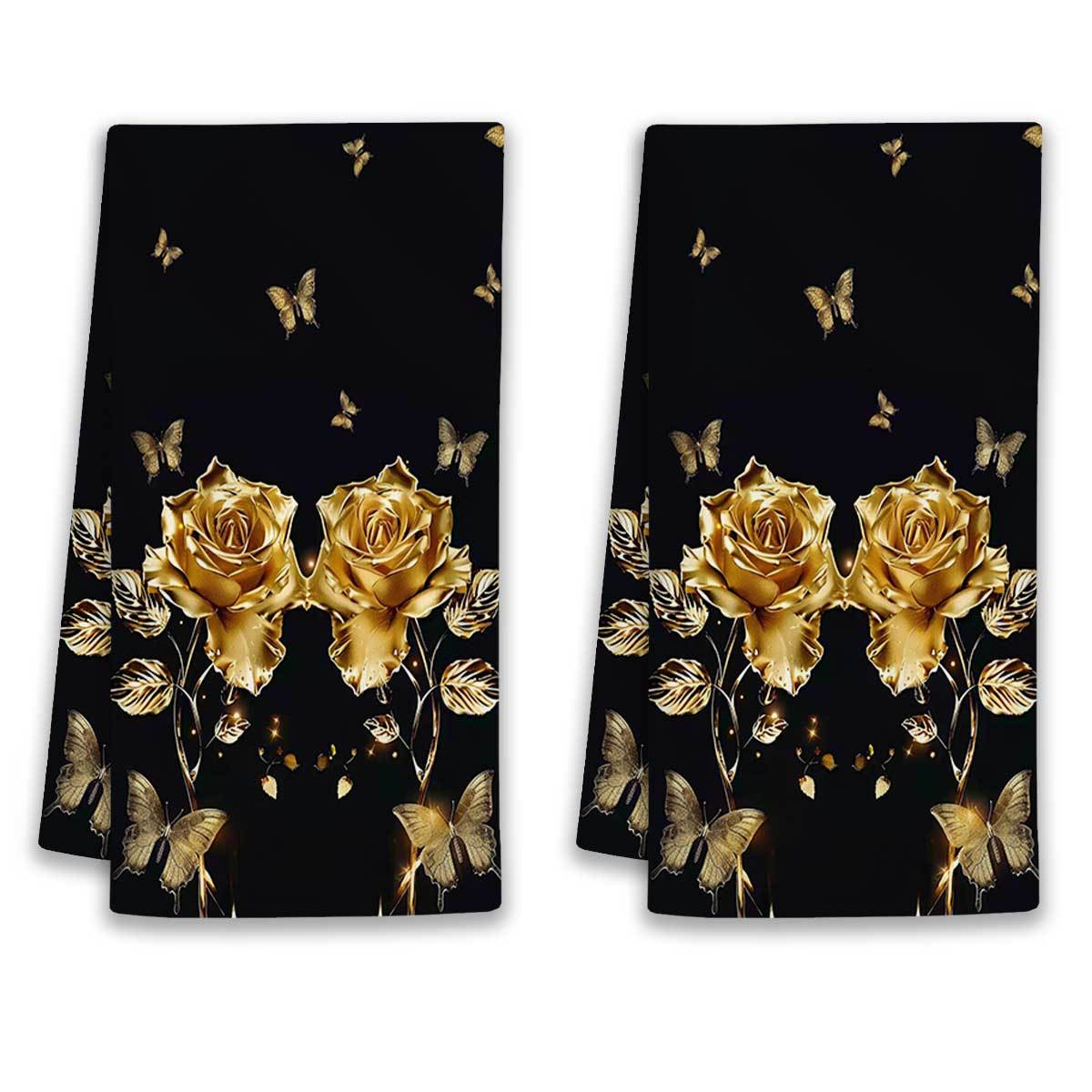 

Valentine's Day 2pcs Kitchen Towel Set - , Contemporary Golden Rose & On Black Background - Cooking, Baking, Wedding Anniversaries