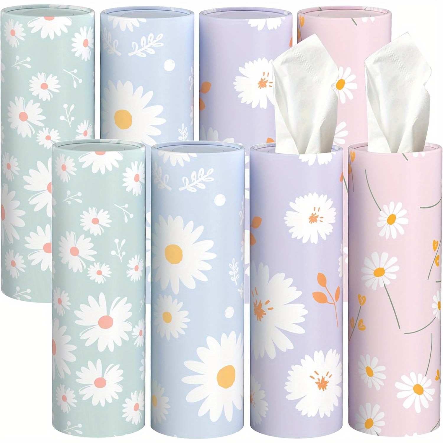 

8 Pack Car Holder With 3-ply Facial Tissues Bulk, Car Tissues Cylinder, Round Boxes For Car, Car Box Round Container For Home Office Bathroom (daisy Pattern)