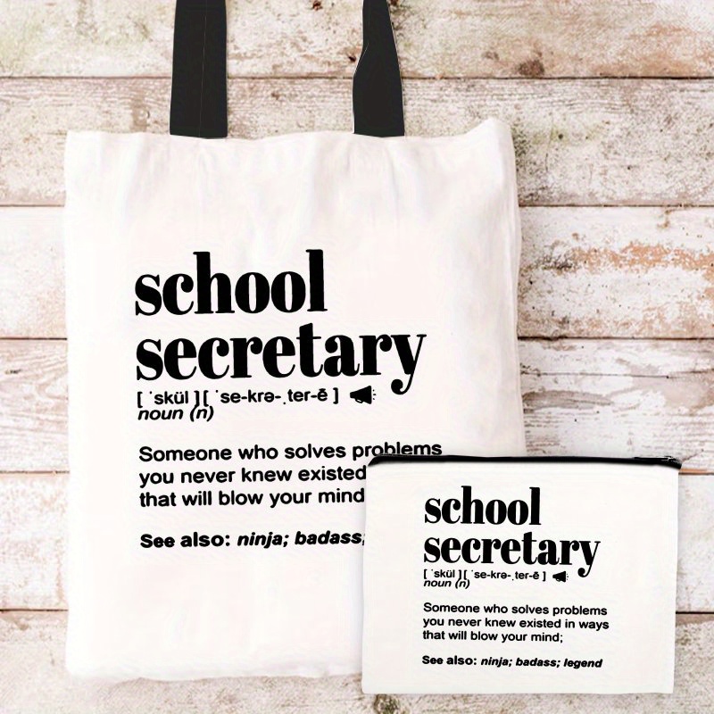 lightweight polyester shoulder tote bag with school secretary design portable makeup pouch for office   accessories office tote   text design durable handle bag school bag 0