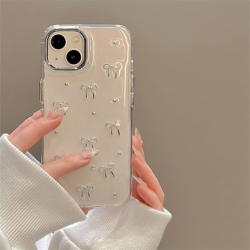 TEMU Phone Case - Silvery Bow Transparent Phone Case For Iphone 16 Pro Max 15 14 13 12 11 Pro Max 16e X Xr Xs 8 16 Plus Se2020 Protective Cover