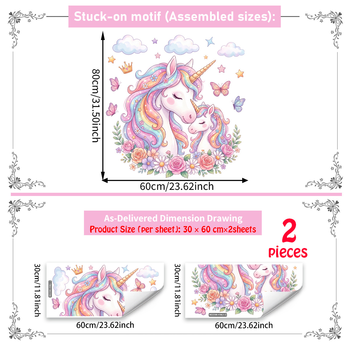 TEMU Lot de 2 autocollants muraux licorne parent-enfant de rêve (30*60cm*2pcs) avec fleurs, papillons, couronnes et étoiles, décoration murale pour