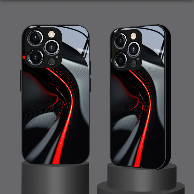 TEMU Phone Case - A New Premium Tempered Glass Phone Case For Iphone 17, 16, 15, 14, 13, 12, And 11, Featuring A Red Light And Black Curved Surface,