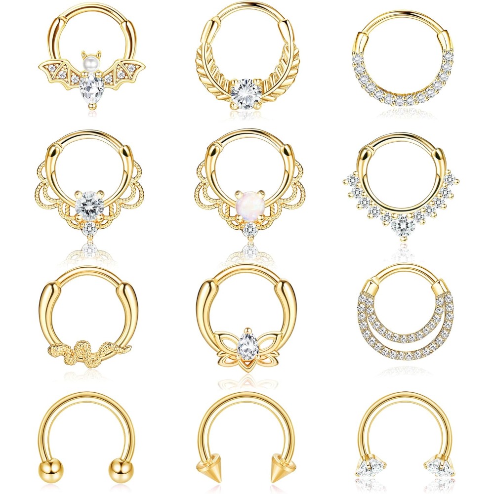 Image of 12pcs Septum Rings Daith Earrings Nose Hoop Stainless Steel Cubic Synthetic Zirconia Design For Cartilage Helix Tragus Piercing Clicker Jewelry In Silvery Black Rose