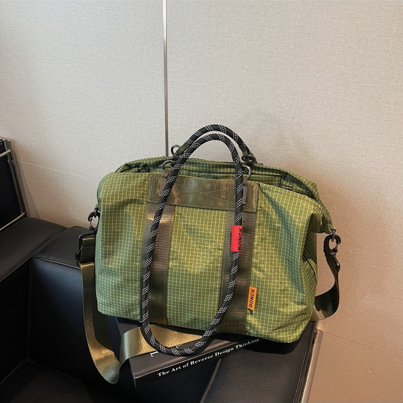 Grid Nylon Duffle Bag, Travel Tote Bag With Detachable Crossbody Strap, Lightweight Weekender Overnight Bag For Gym, Sports And Daily Use