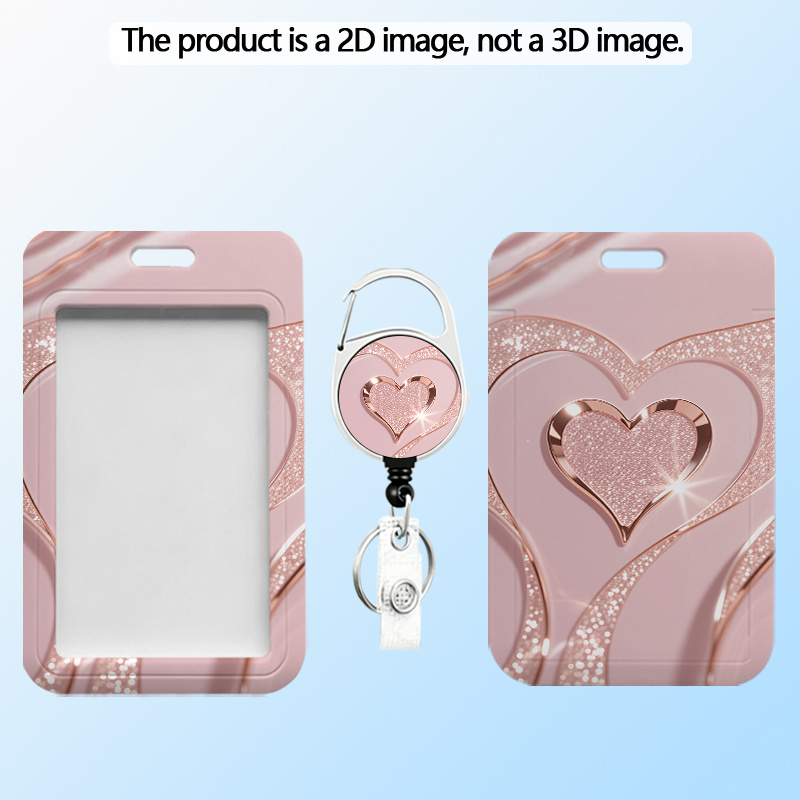 TEMU [2d Flat] Heart-shaped Rose Golden Glitter Print Pattern Card Holder With Retractable Snap Closure Badge Lanyard - Id And Credit Card Holder,