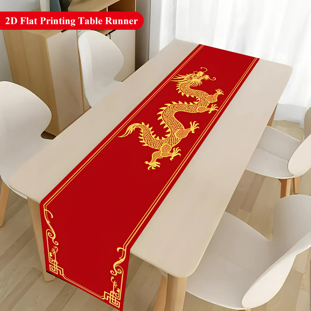 TEMU 1pc 2d Runner, Red Background With Pattern Polyester Rectangular Tablecloth, Reception Table Banner, Holiday Desktop Decoration Fabric Table