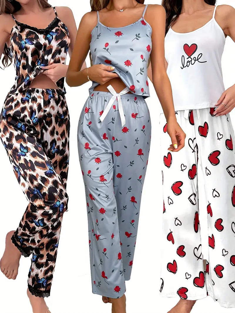 3 sets of 6pcs womens casual polyester black blue and white camisole top long pants pajama set heart flower print fabric short sleeve top with trousers casual loungewear sexy outside Product details 0
