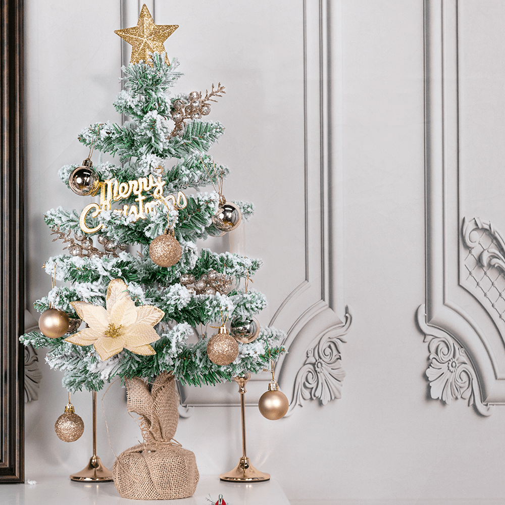 23.62inch Artificial Flocked Christmas Tree with Golden Ornaments, Star Topper & White Garland - Pre-Decorated Full Tree with Flocked Branches, Plastic Base for / Holiday Tabletop, Corner, Mantel - Easy Setup (No)
