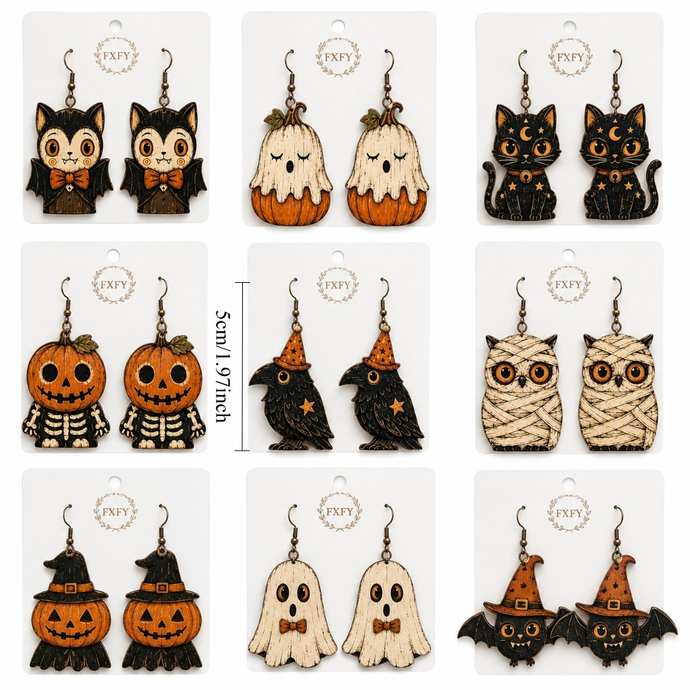 TEMU 18pcs/9 Pairs Women's Fun Wooden Halloween Dangle Earrings Set, Featuring Vintage Cute , Pumpkin, Black Cat, Skull, Witches And , Trendy Jewelry