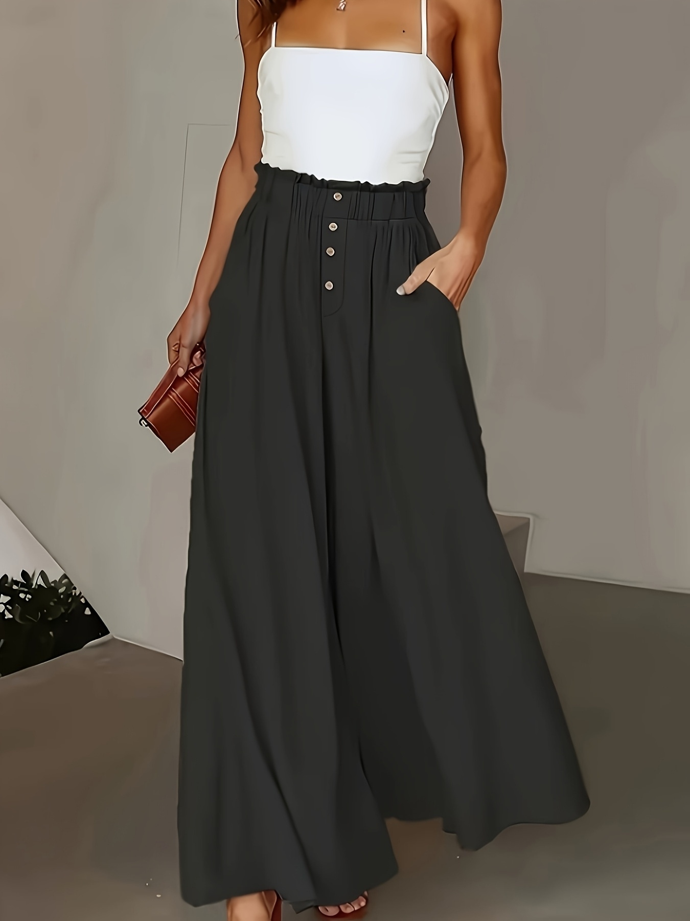 womens elastic waist wide leg trousers loose fit flowy palazzo pants with front buttons