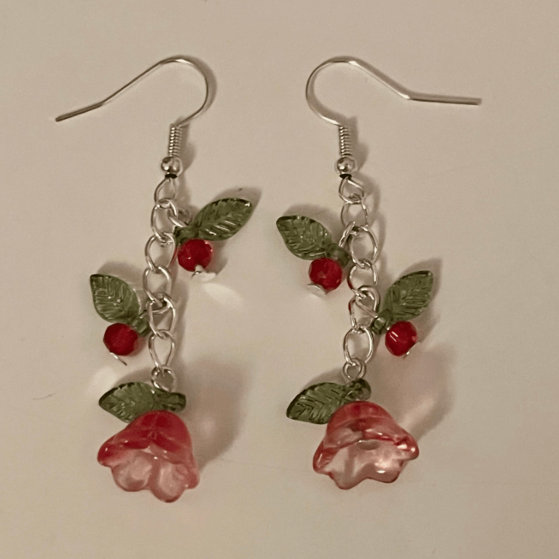 

1 Pair Fashion Floral Dangle Earrings For Women, Red Bellflower Glass Charms, Zinc Alloy Hooks, Simple , Ideal For & Gifting, Valentine's Day