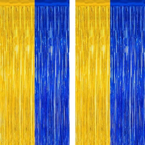 set of 2 graduation backdrops measuring 3 28 ft by 7 05 ft featuring class of 2026 decorations with blue and golden fringe curtains tinsel backdrop party streamers and metallic blue and golden decorations for graduation 2026