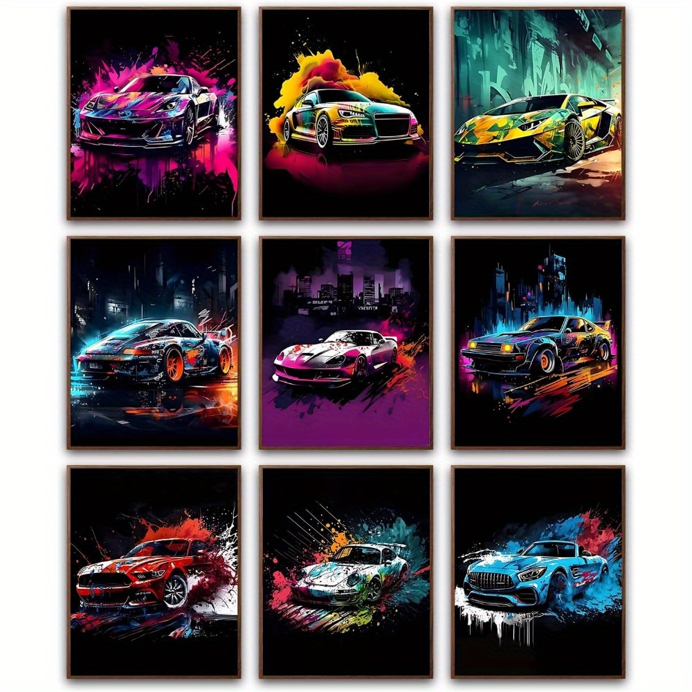 TEMU 9pcs Racing Car Posters - Modern Colorful Motor Wall Art Suitable For Living Room, Bedroom, Room Decor - Frameless Aesthetic Car Paintings,