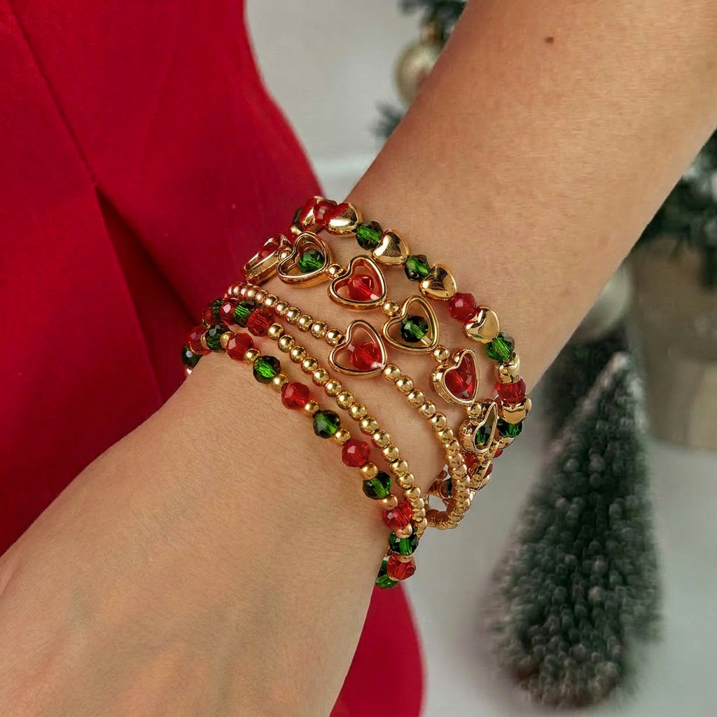 TEMU 5pcs Set Bracelet For Women, Red And Green Beads With Golden Round Beads And Heart-shaped Pendant, Holiday Party Gift Jewelry Accessory