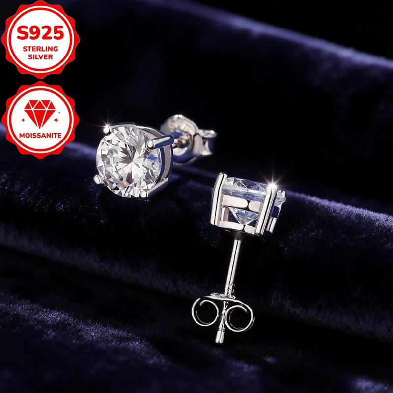 TEMU Boucles d'oreilles en argent 925 de 1 à 4 carats avec moissanite de coupe ronde, cadeau de bijoux , convient aux hommes et aux femmes, cadeau de