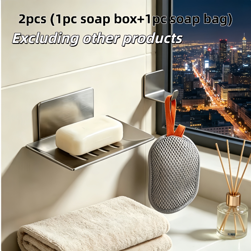 TEMU 2pcs Set (1pc Soap Dish   1pc Soap Bag), Wall-mounted Carbon Steel Soap Holder, Bathroom Soap Storage Organizer, Complete Bathroom Accessory Set