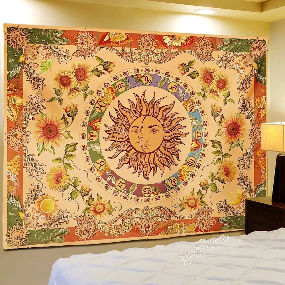 Bohemian Retro Sun Tapestry With Sunflower Butterfly And Moth_voghion.com