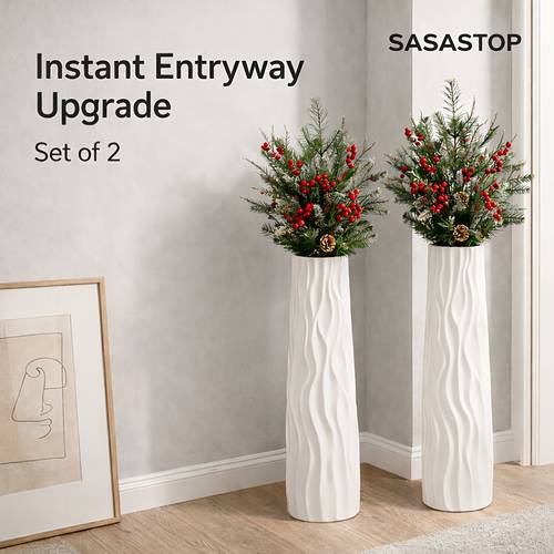 58cm tall extra large floor standing vases set of 2 shatterproof plastic vases with a ceramic like texture and wave pattern suitable for floral arrangements and decorative branches for entryway and living room corners