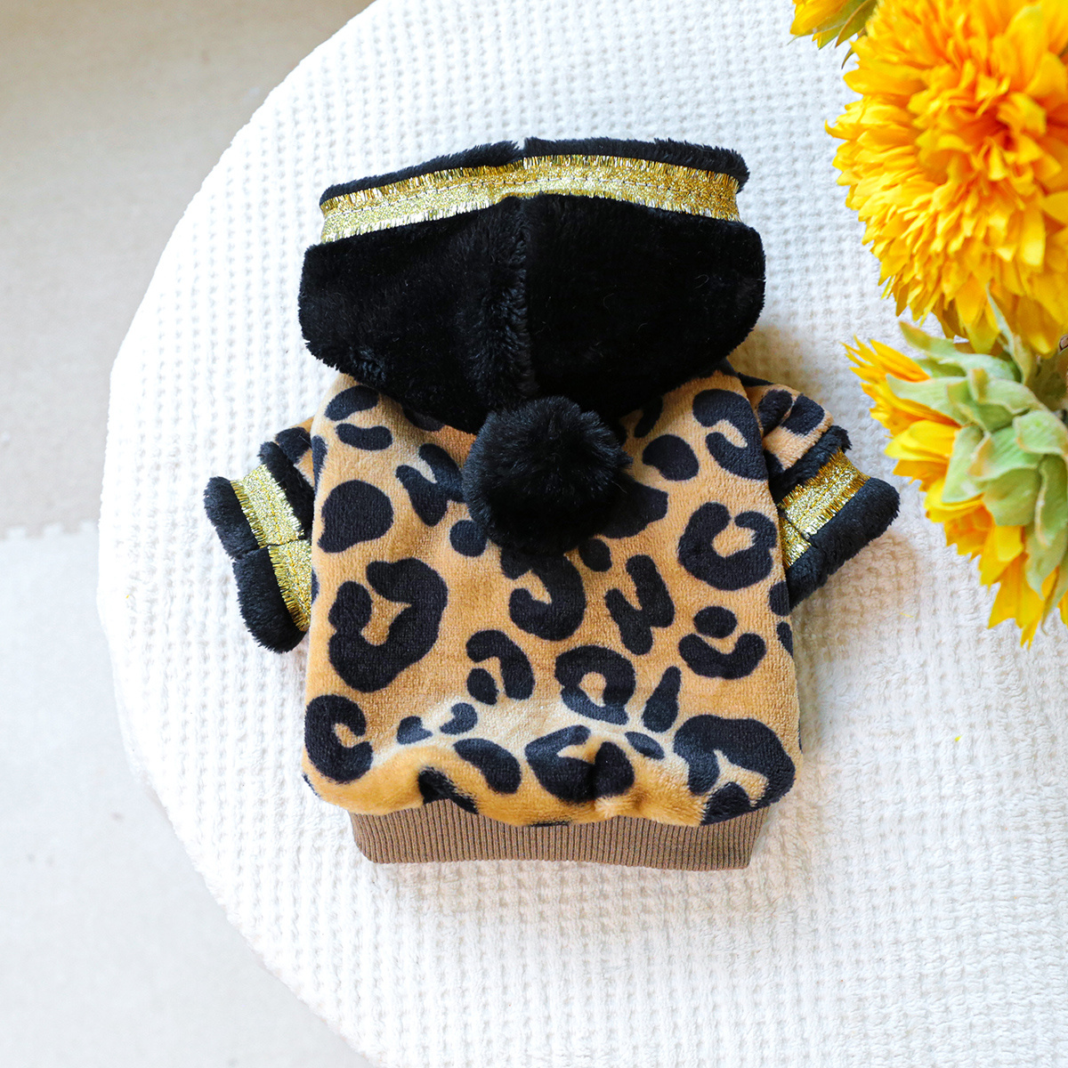 TEMU Vintage Leopard Print Fleece Pet Hoodie, Gold-trimmed Plush Cuffs With Pom-pom Hood, Small Dog Kitten Home And Outdoor Outfit