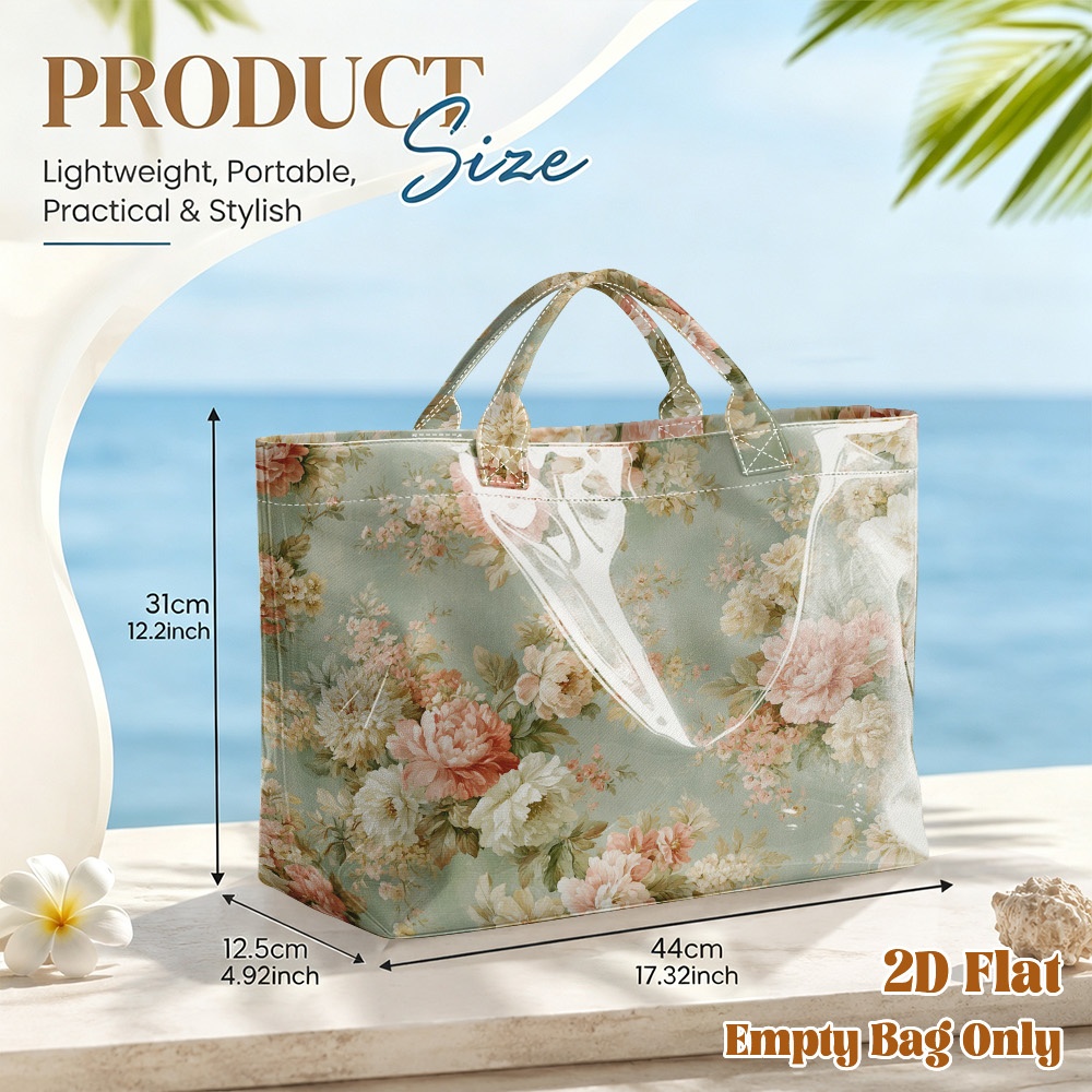 TEMU 1pc Reusable Grocery Bags, 2d Flat Printing Vintage Pattern Pvc Large Capacity Travel Tote Bag, Shopping Bag, Hand-held Carry Bag, For Daily