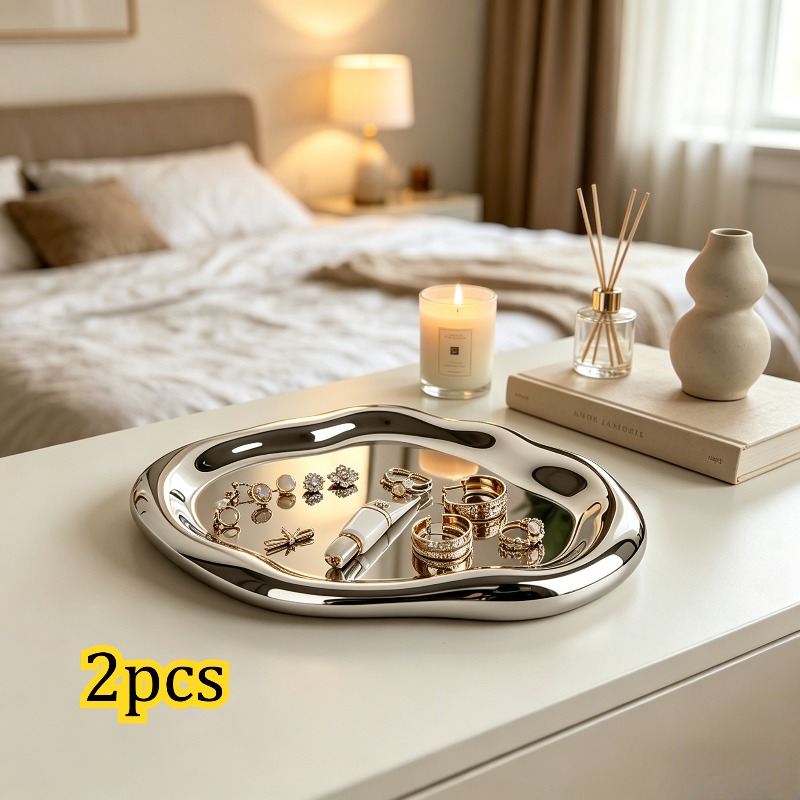 2pcs Silvery Trays, Decorative Makeup Trays, Bathroom Trays, Jewelry Dishes, Silvery Round Tray Stand, Home Storage, Irregular Storage Dishes, Bathroom Organizers, Long Style, Jewelry Trays
