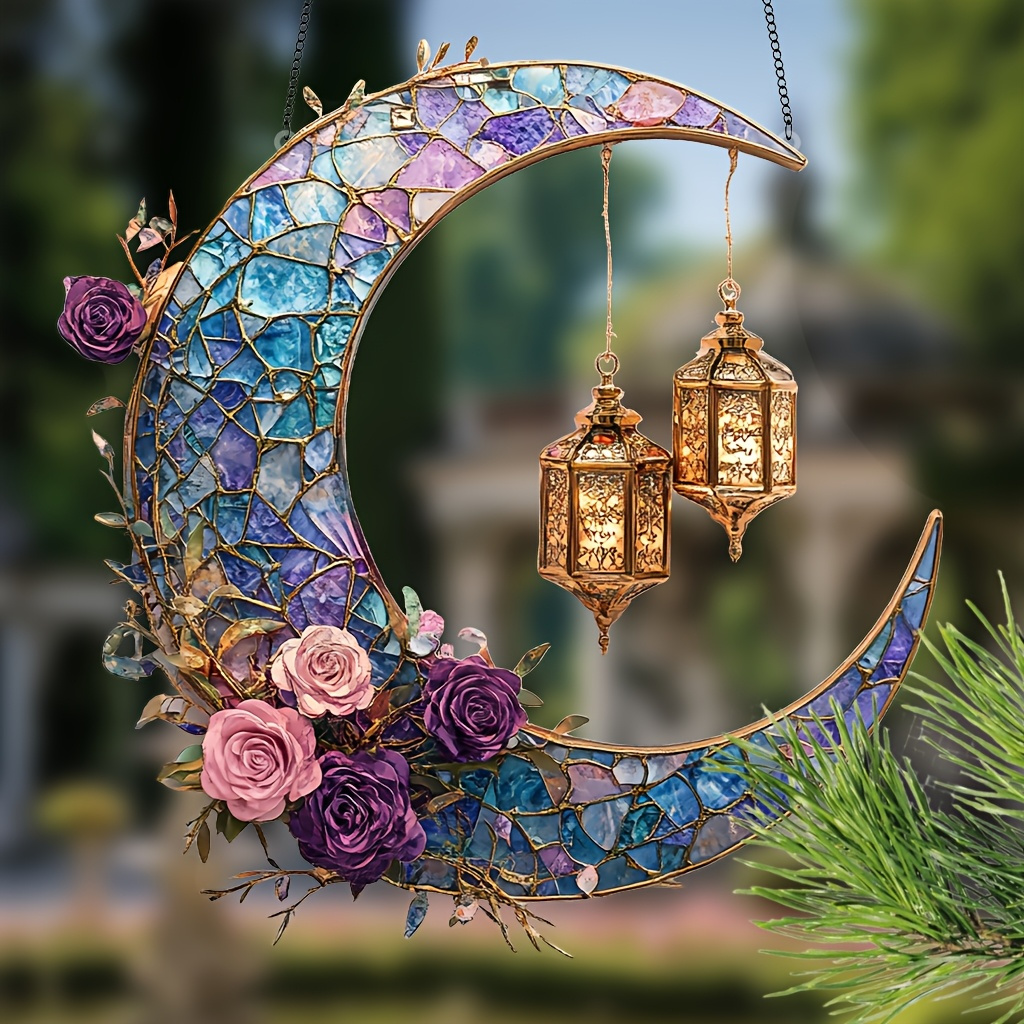 

1pc Crescent With Roses, Double-sided Acrylic Print, Warm Lantern Design, Eid Theme, Wall & Window Hanging Decor, Ramadan Festival Gift, Style, No Electricity Needed, Featherless