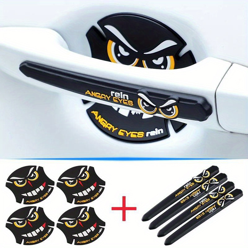 Set Of 8 Car Door Protectors - Collision Prevention Strips And Handle Stickers, Featuring A Black Cat Eye Pattern
