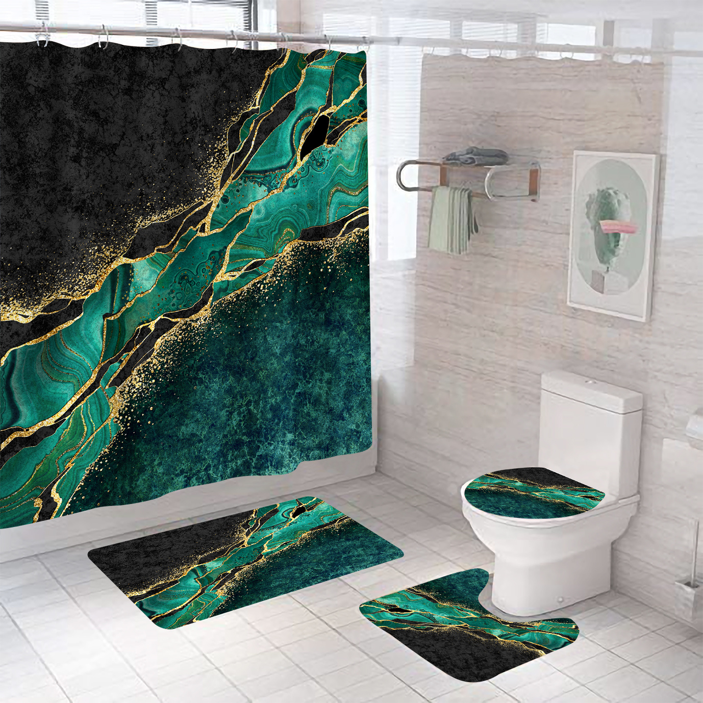 

1/3/4pcs Pattern Shower Set Bathroom , Bathroom , Toilet , Bath Mat, Polyether 12 Plastic , 72" X 72