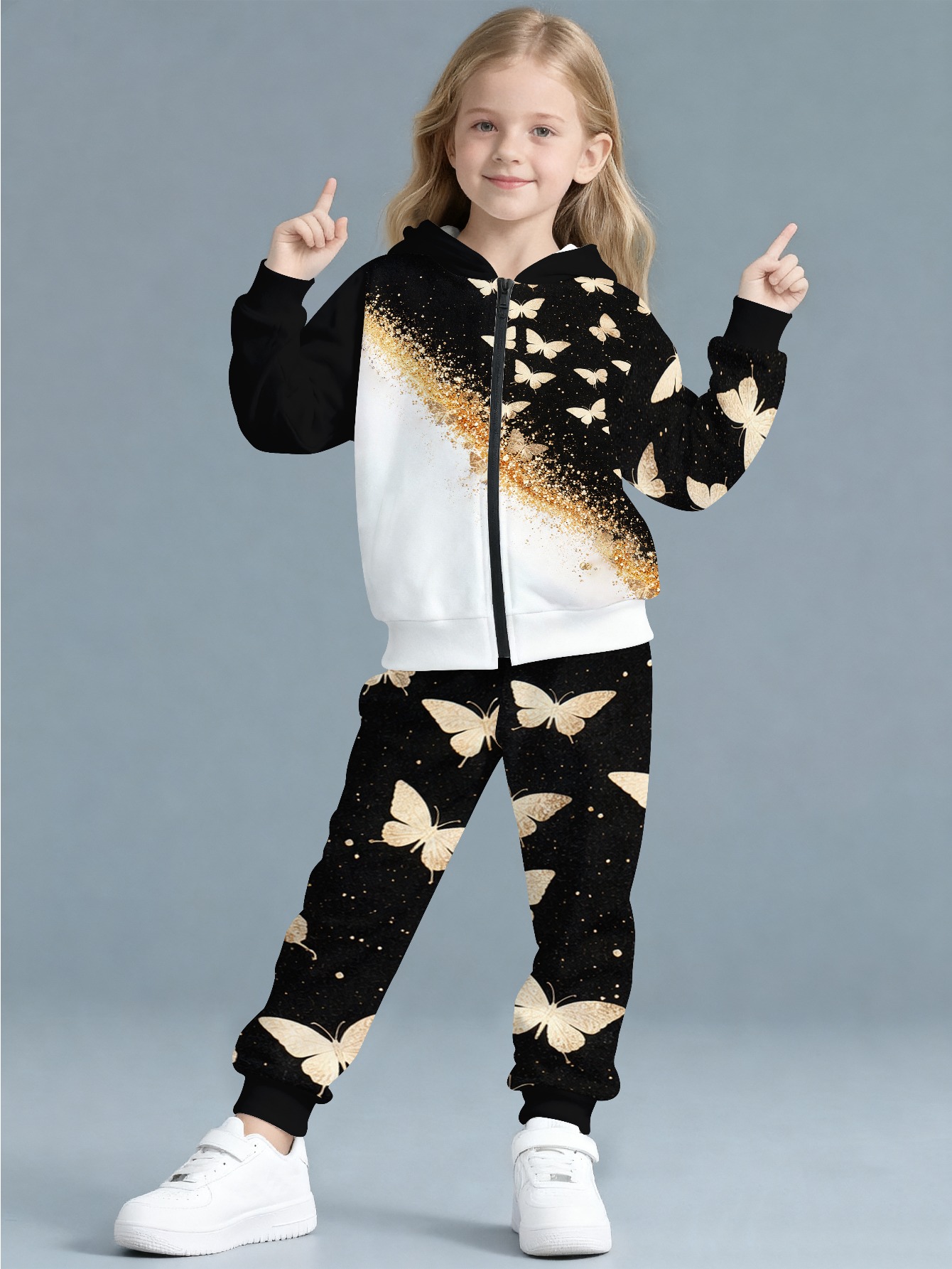 Artikelbild mädchen zip-up hoodie zweiteiliges set mit trendigem print sweatshirt und hose, stylisches und vielseitiges freizeit-sportbekleidung, lebhaftes und verspieltes mode-outfit, für outdoor
