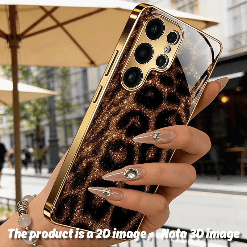 TEMU Phone Case: [2d Printing] Minimalist Golden Glitter Leopard Print Electroplated Tempered Glass Phone Case For Galaxy