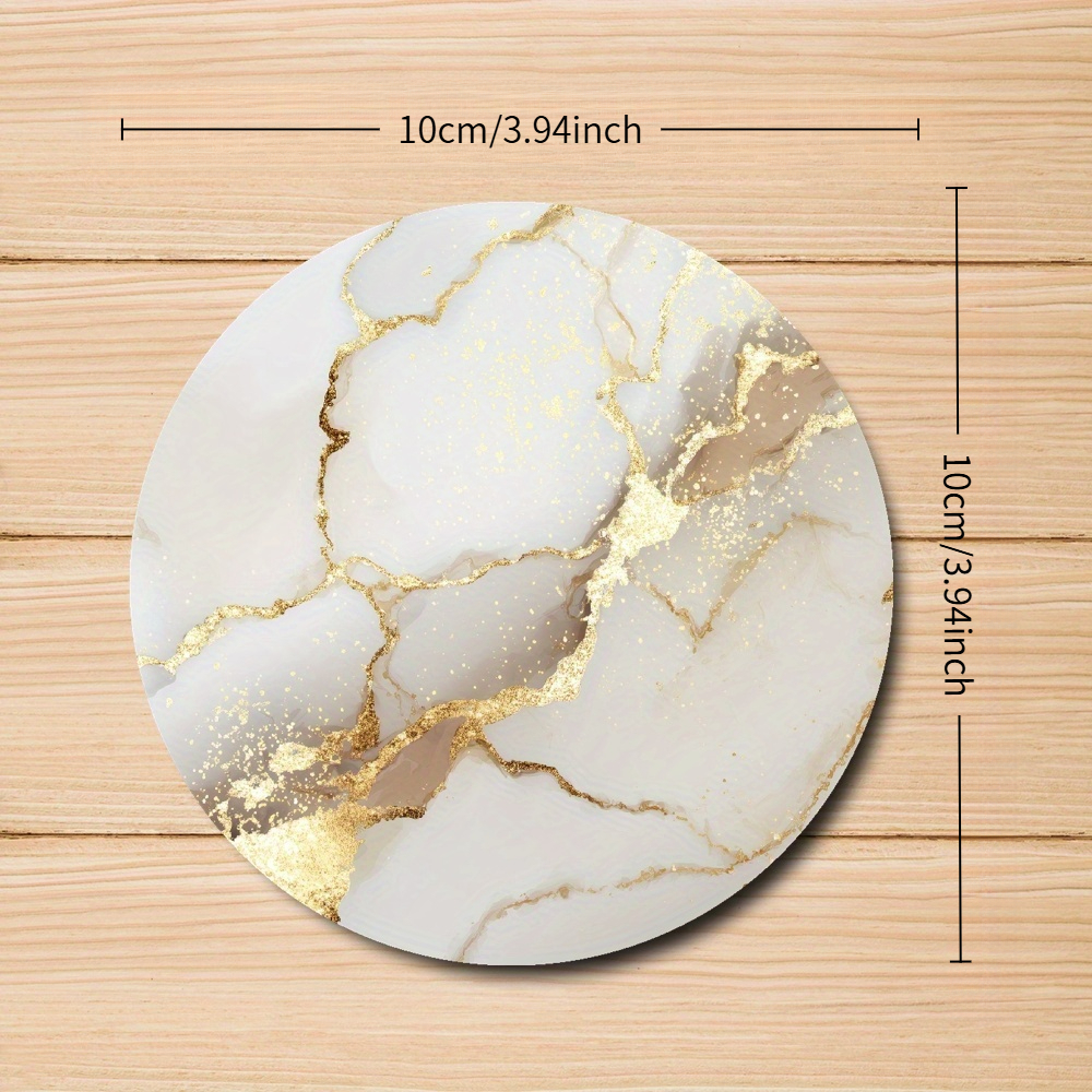 TEMU 2d Flat, 6pcs Imitation Marble Pattern Round Wooden Coasters Set, Wooden Material With Golden Texture - Elegant Marble Pattern - Suitable For