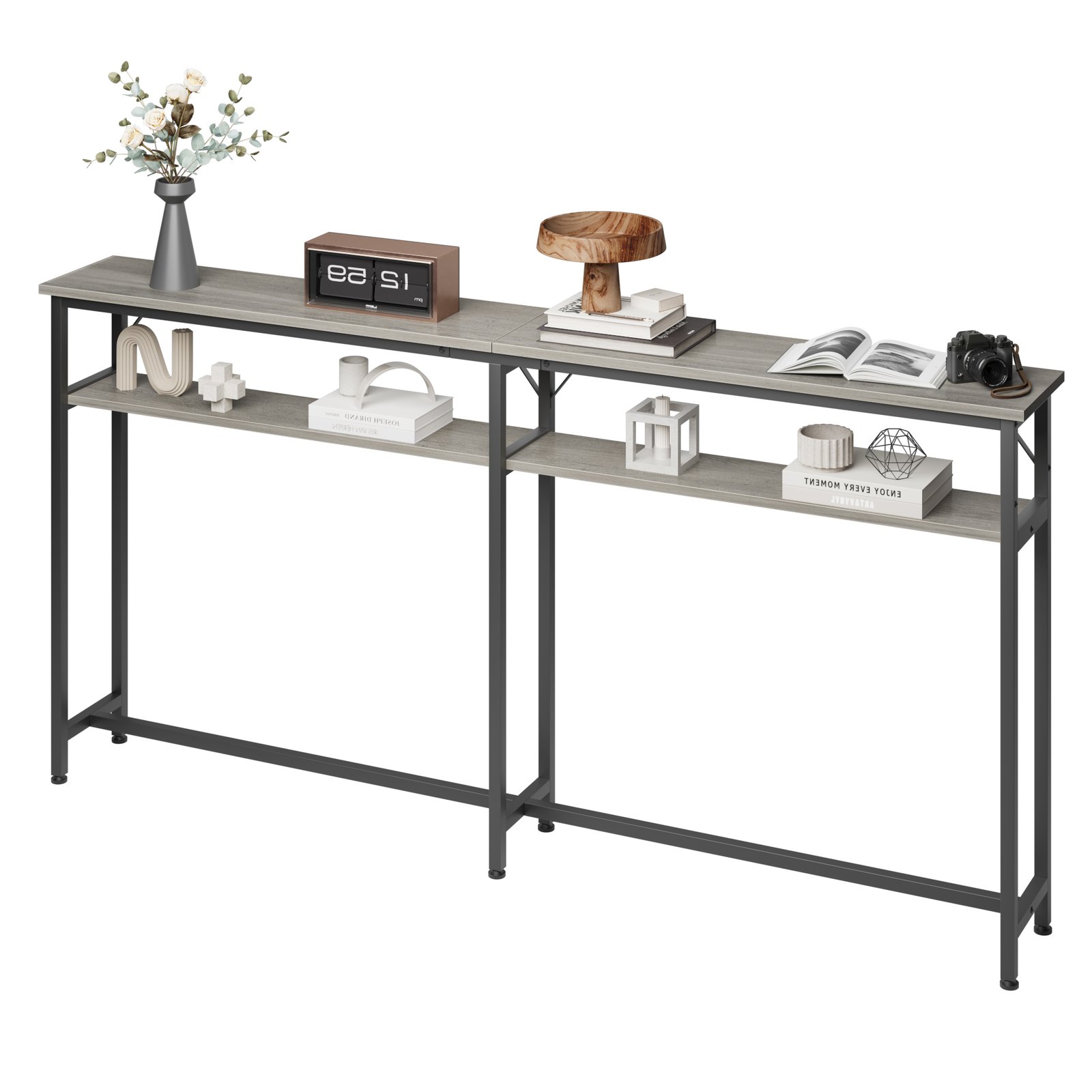 Image of 1pc 180cm 2 Tier Narrow Console Table, Industrial Sofa Back Table With Metal Frame And Particle Board, Long Entryway Table For Living Room Behind Couch