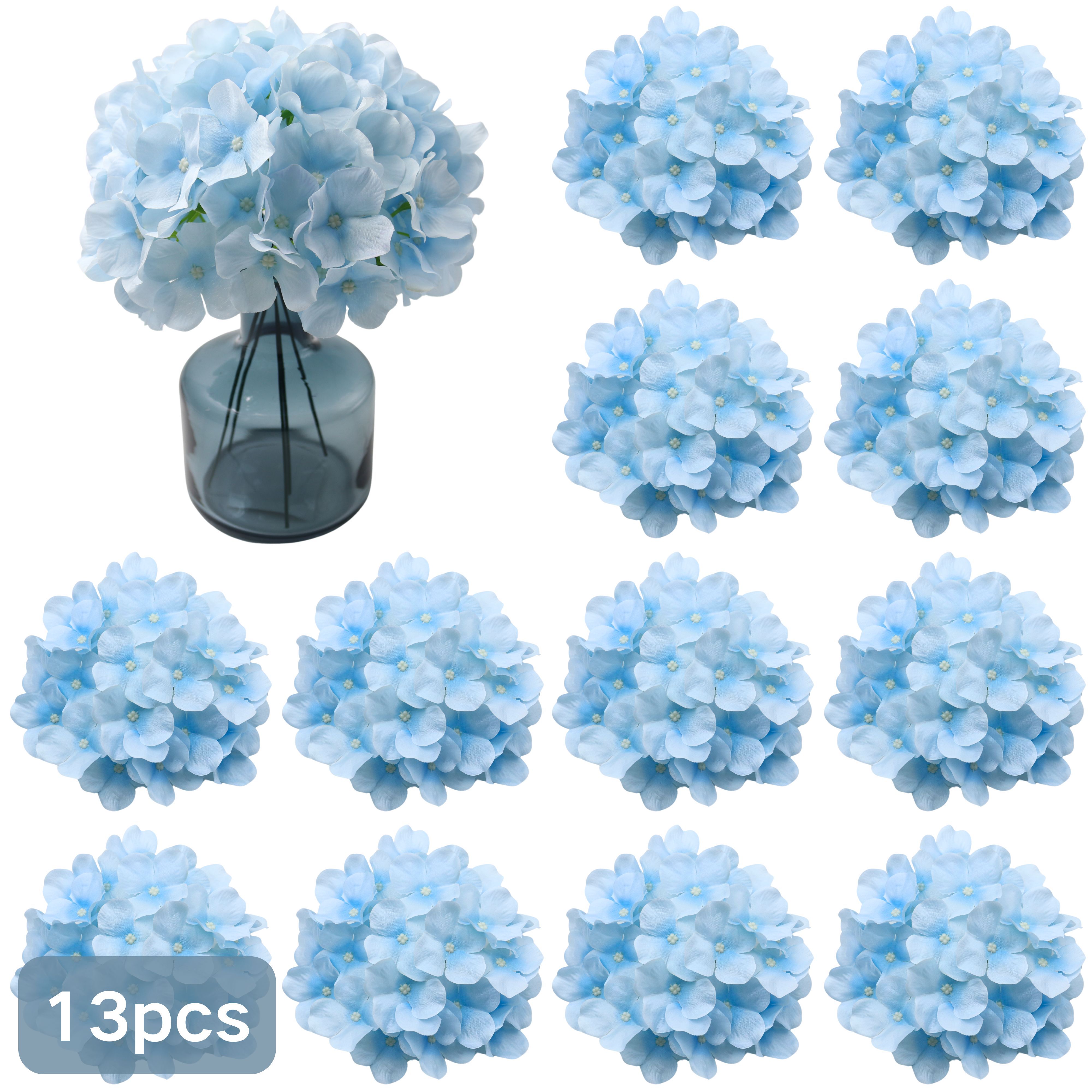 E-shop 13 Stück hellblaue künstliche Hortensienblüten für die Außendekoration, künstliche Hortensienblüten für Hochzeiten, Hortensienblüten für
